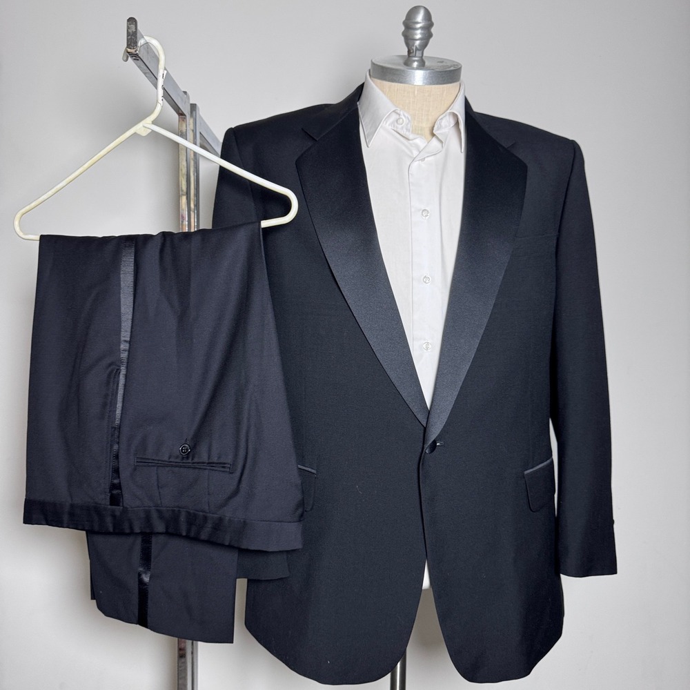 Cricketeer Tuxedo Suit Mens 48L W36 Black Solid Peak Lapel Wool Vintage Formal